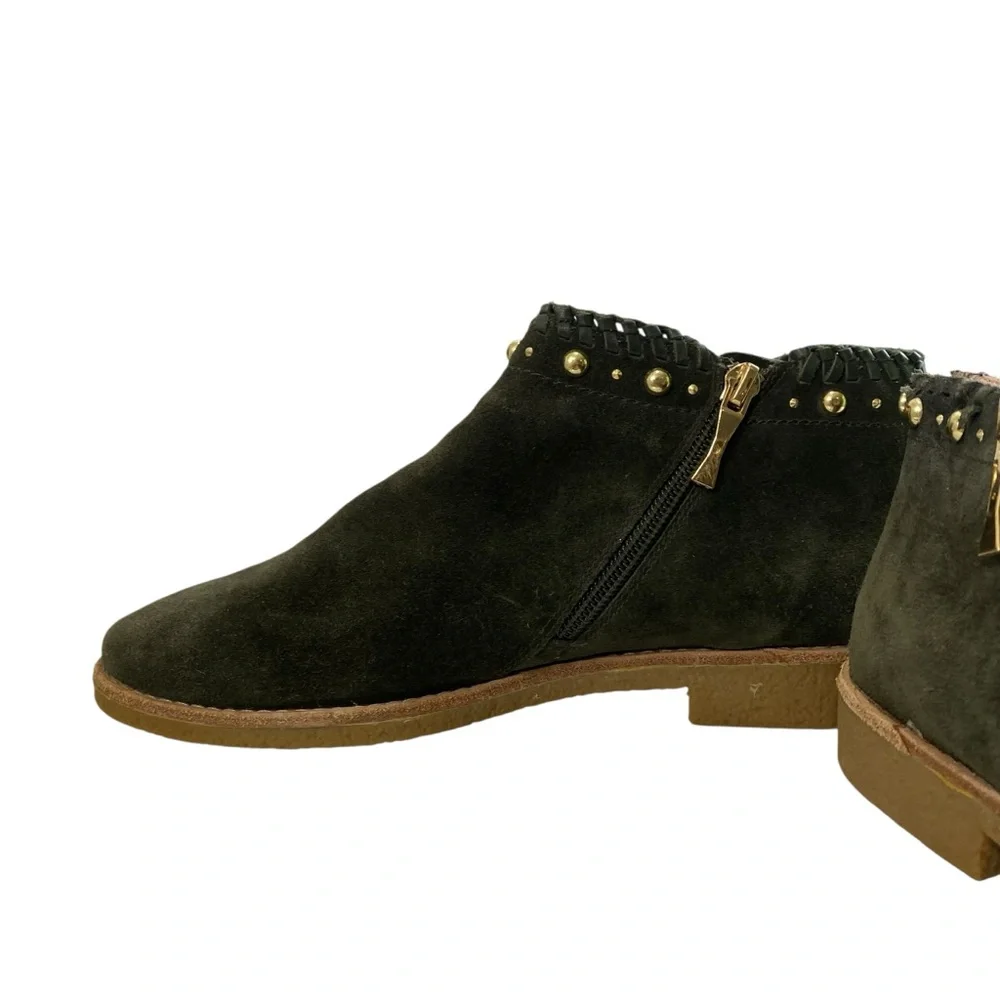Kate Spade Festival Suede Leather Green Moss Ankle Booties‎ 8 Zip Studded Fringe